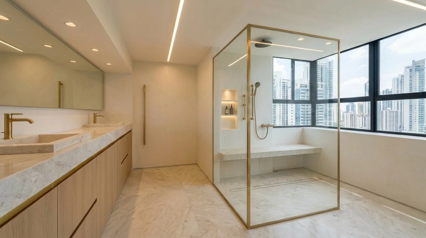 Master bath con acabados de mármol y bronce