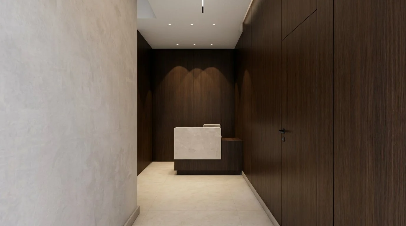 Counter de recepción con muros de madera oscura