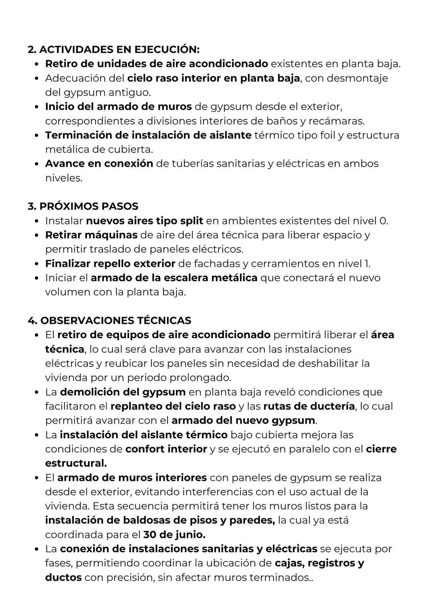 Reporte semanal: observaciones técnicas