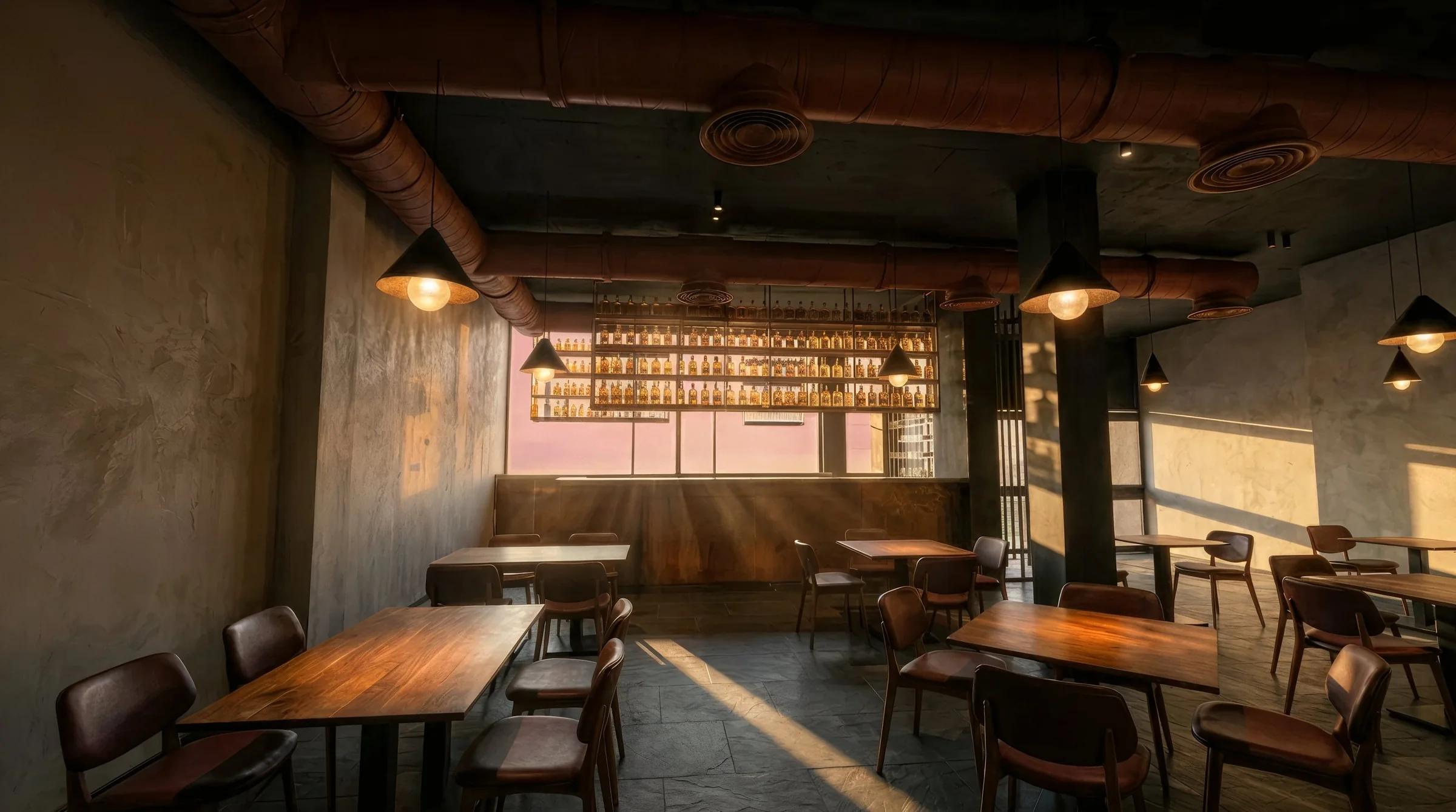 Salón principal con botellería al atardecer