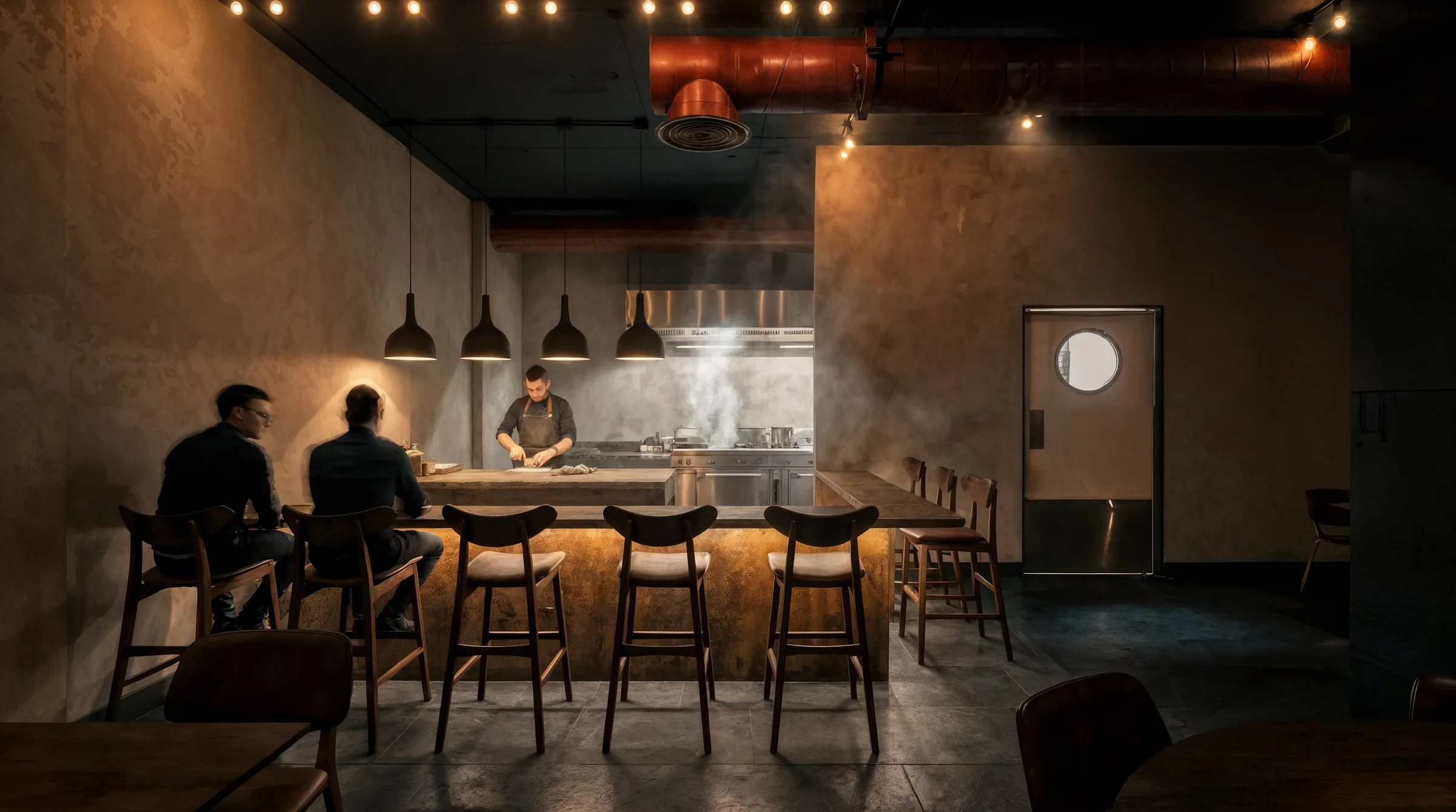 Barra de degustación con cocina abierta frente al fogón